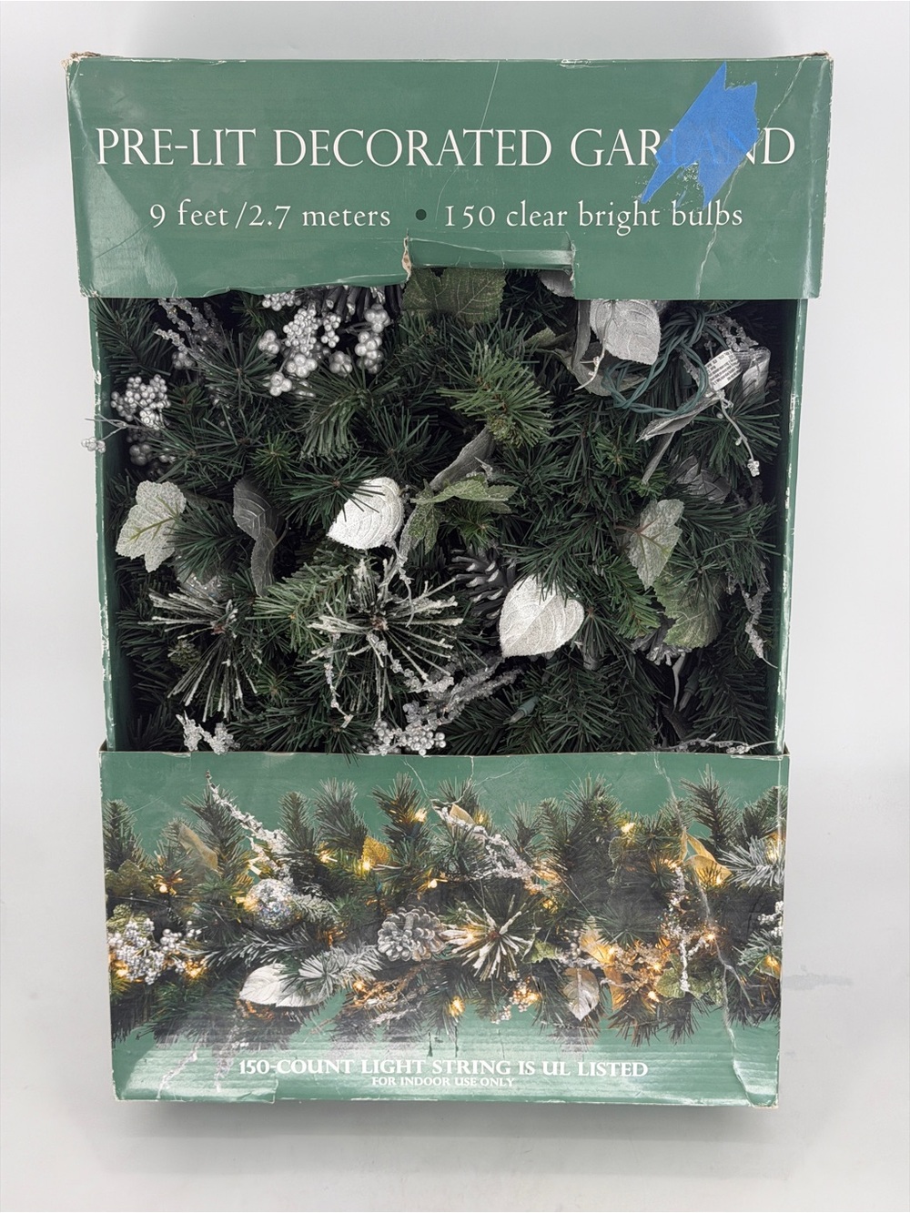 Pre-Lit Decorated Garland with Silver Accents - 9 ft 150 Clear Bright Bulbs New